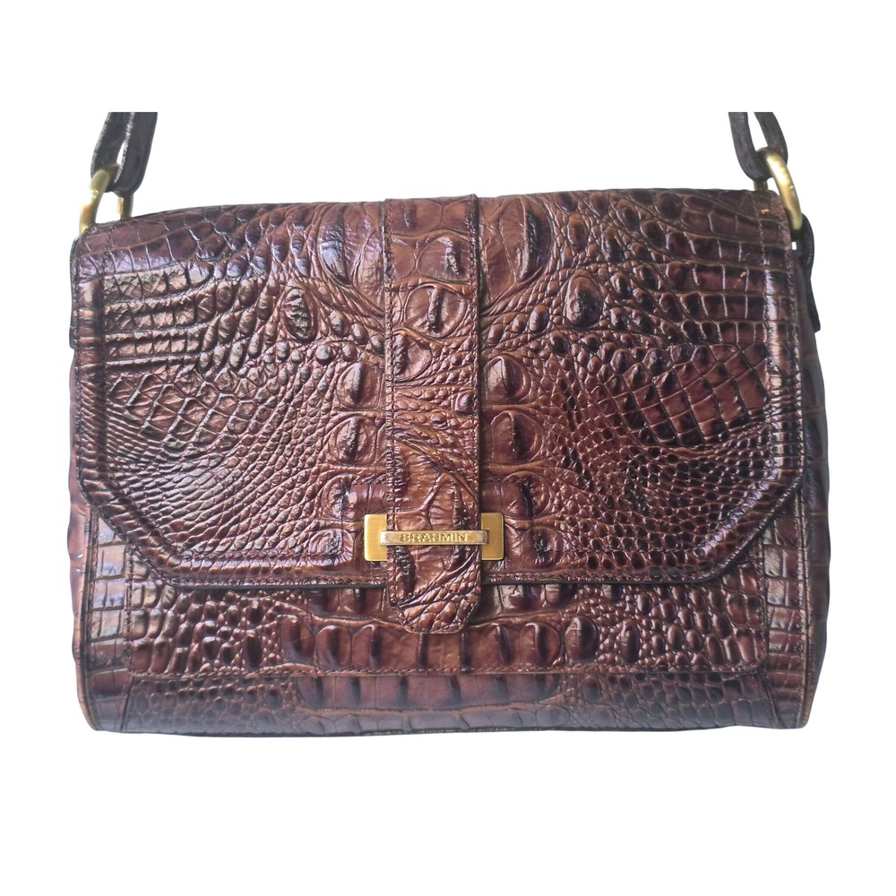 Brahmin Brown Crocodile Embossed Leather Flap Shoulder Bag Gold Logo Hardware - Picture 3 of 14